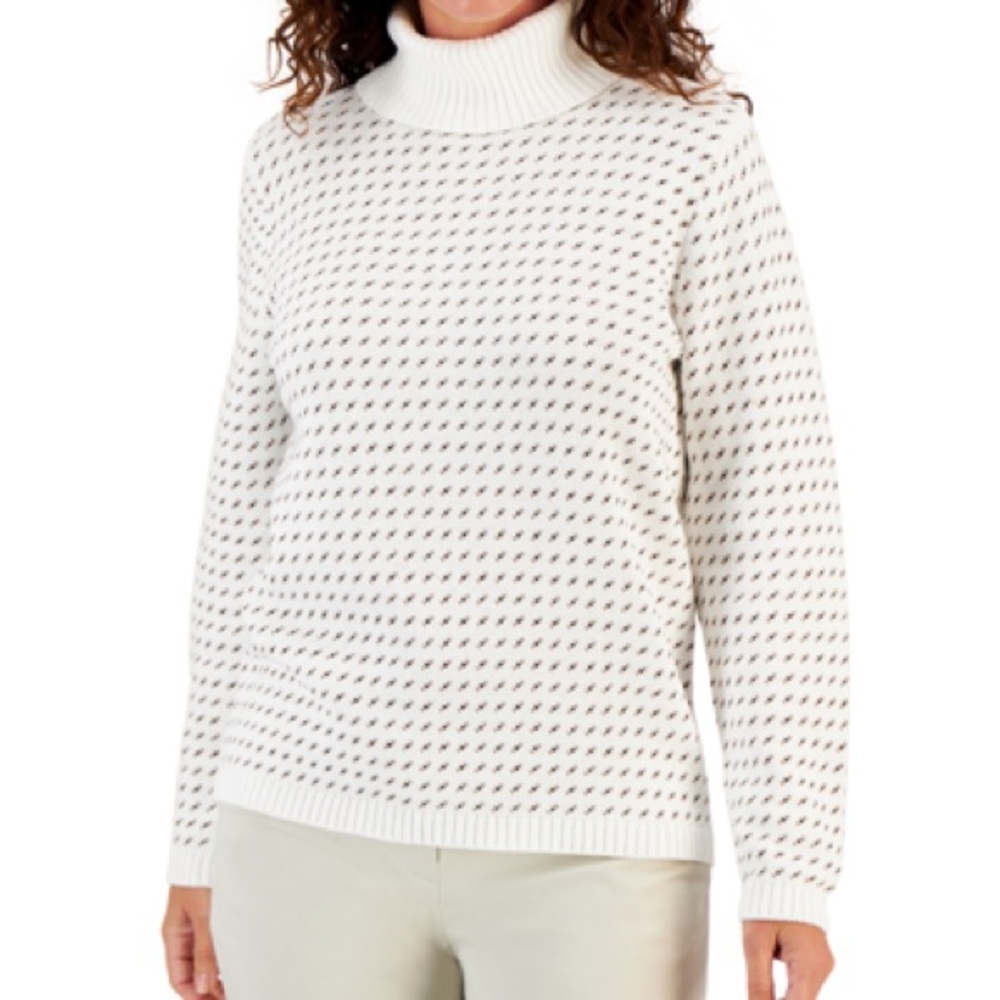 Karen Scott Turtleneck Sweater Winter White Birdseye Size Petite Small PS Cotton